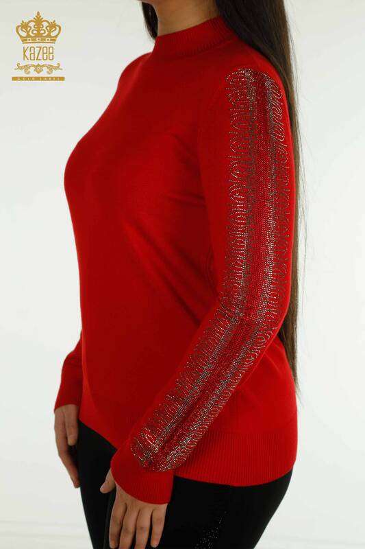 Tricotaj de damă cu ridicata Pulover guler înalt Roșu - 30564 | KAZEE
