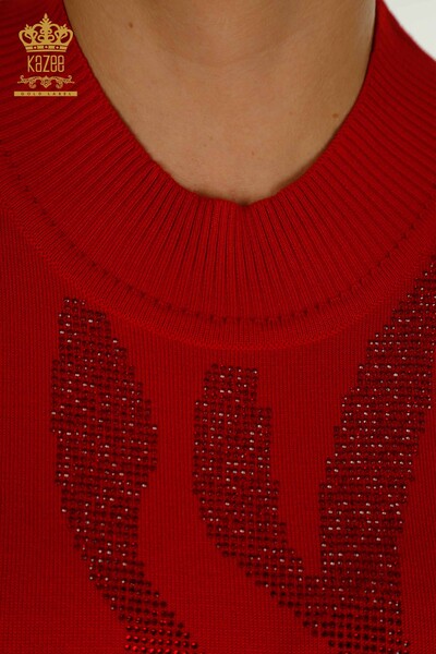 Pulover de tricotaj de damă cu ridicata - guler stand - roșu - 30670 | KAZEE - Thumbnail
