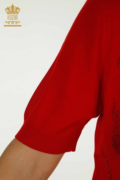 Pulover de tricotaj de damă cu ridicata - guler stand - roșu - 30670 | KAZEE - Thumbnail