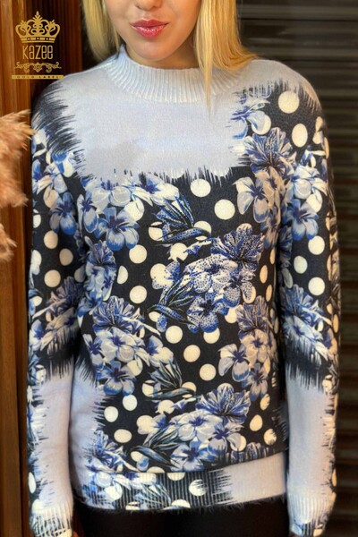 Pulover de tricotaj pentru femei cu ridicata - Imprimare digitala - Angora - Albastru - 18922 | KAZEE - Thumbnail