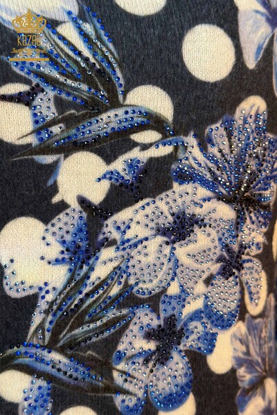 Pulover de tricotaj pentru femei cu ridicata - Imprimare digitala - Angora - Albastru - 18922 | KAZEE - Thumbnail