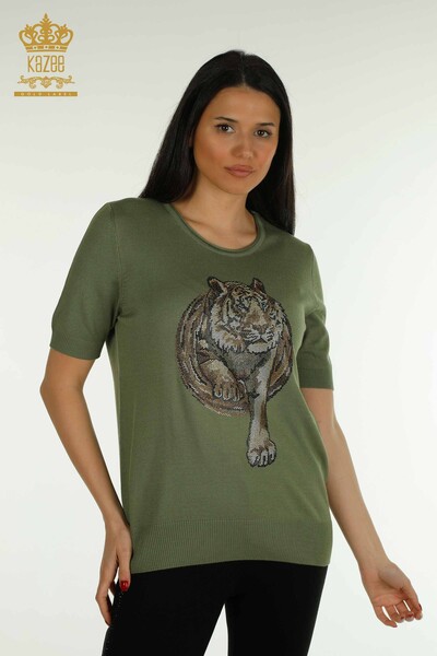 Pulover de tricotaj de damă cu ridicata - Leopard Cu piatră Brodat - Kaki - 30747 | KAZEE - Thumbnail