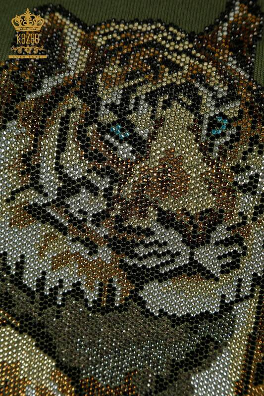 Pulover de tricotaj de damă cu ridicata - Leopard Cu piatră Brodat - Kaki - 30747 | KAZEE