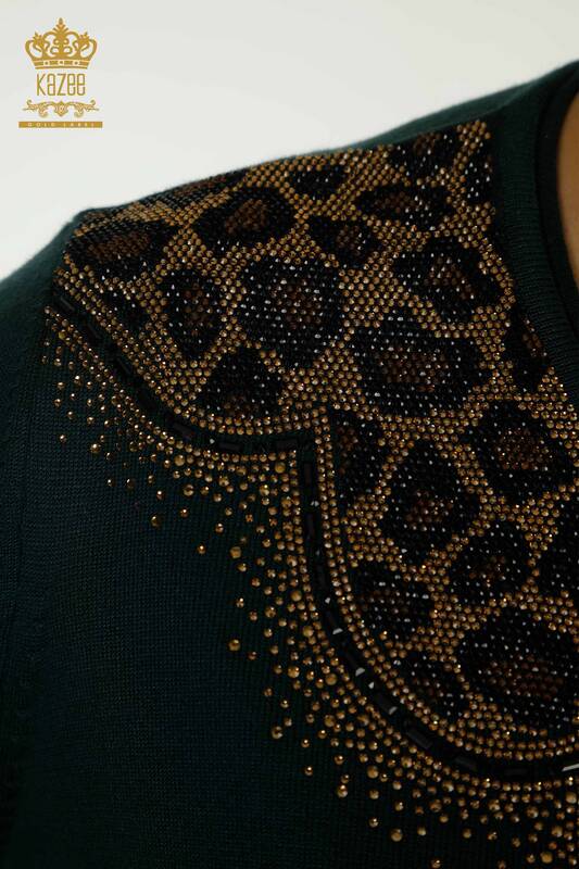 Pulover de tricot de damă cu ridicata - Leopard - Brodat cu piatră - Nefti - 30329 | KAZEE