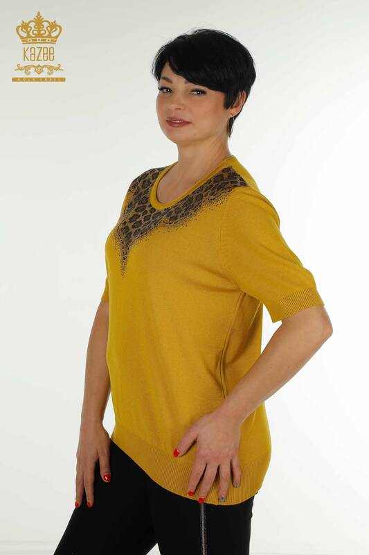 Pulover de tricotaj pentru femei cu ridicata - Leopard - Brodat cu piatra - Sofran - 30329 | KAZEE