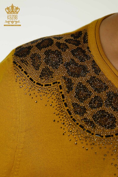 Pulover de tricotaj pentru femei cu ridicata - Leopard - Brodat cu piatra - Sofran - 30329 | KAZEE - Thumbnail