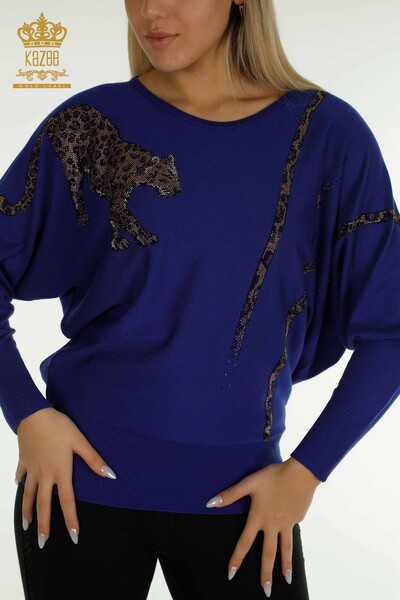 Kazee - Pulover de tricot pentru femei cu ridicata - Leopard Brodat cu piatra - Saks - 30633 | KAZEE (1)