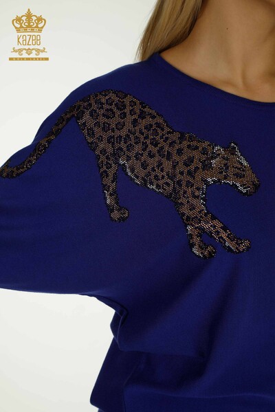 Pulover de tricot pentru femei cu ridicata - Leopard Brodat cu piatra - Saks - 30633 | KAZEE - Thumbnail (2)