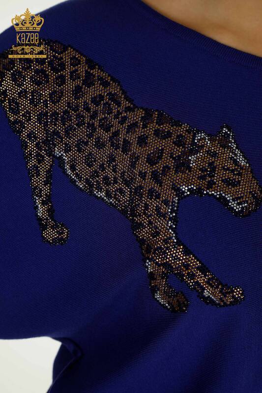 Pulover de tricot pentru femei cu ridicata - Leopard Brodat cu piatra - Saks - 30633 | KAZEE