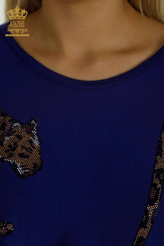 Pulover de tricot pentru femei cu ridicata - Leopard Brodat cu piatra - Saks - 30633 | KAZEE