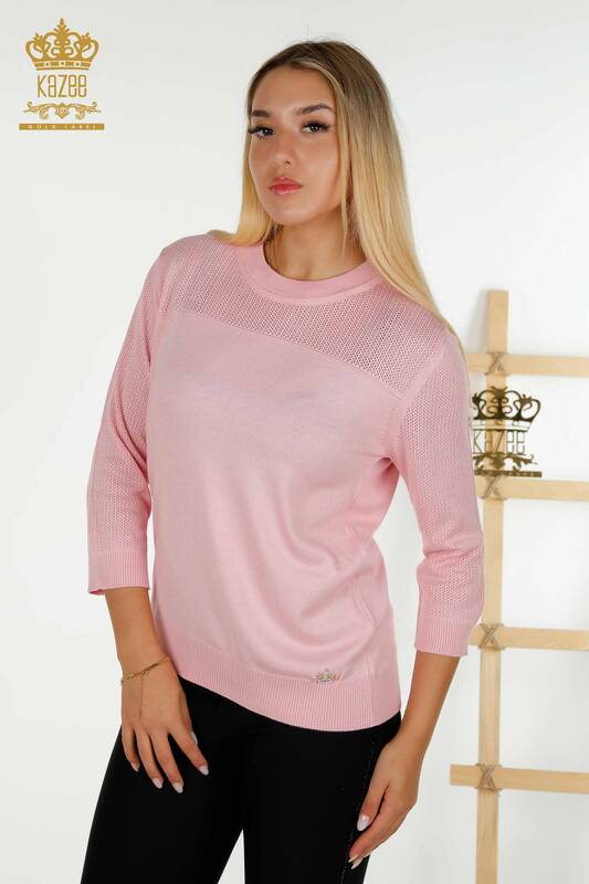 Tricotaj de damă cu ridicata Pulover Basic roz cu logo - 30258 | KAZEE