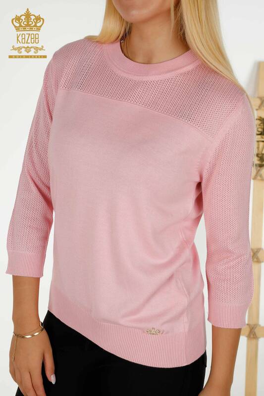 Tricotaj de damă cu ridicata Pulover Basic roz cu logo - 30258 | KAZEE