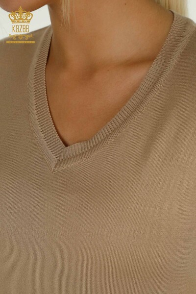 Tricotaj cu ridicata pentru femei Pulover - Maneca lunga - Bej - 11071 | KAZEE - Thumbnail