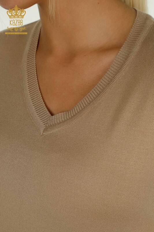 Tricotaj cu ridicata pentru femei Pulover - Maneca lunga - Bej - 11071 | KAZEE