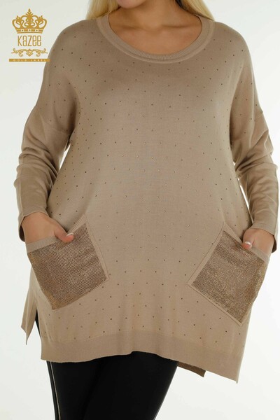 Tricotaj cu ridicata pentru femei Pulover - Maneca lunga - Bej - 30624 | KAZEE - Thumbnail