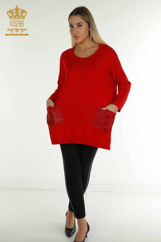 Tricotaj de damă cu ridicata Pulover cu mânecă lungă Roșu - 30624 | KAZEE