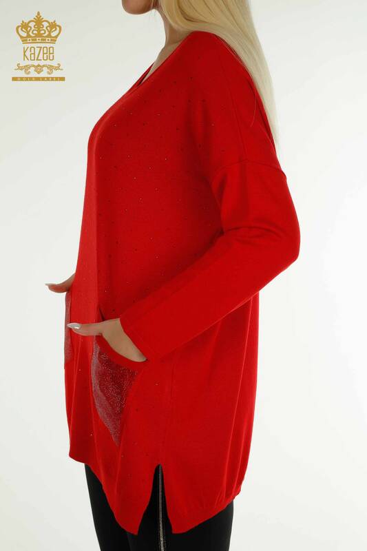Tricotaj de damă cu ridicata Pulover cu mânecă lungă Roșu - 30624 | KAZEE