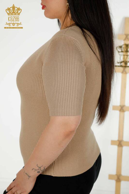 Tricotaj cu ridicata pentru femei Pulover - Maneca scurta - Bej - 30397 | KAZEE