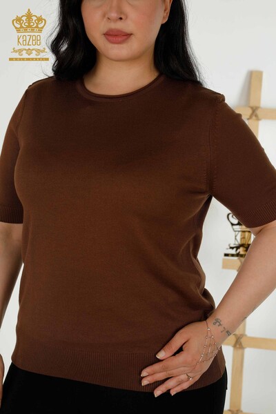 Pulover de tricotaj de damă cu ridicata - Basic - Model american - Maro - 16271| KAZEE - Thumbnail