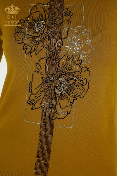 Pulover de tricotaje pentru femei cu ridicata - Brodat floral - Mustar - 30614 | KAZEE - Thumbnail
