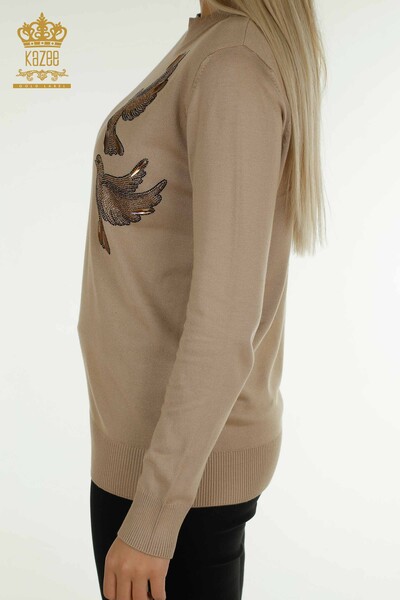 En-gros Tricotaj pentru femei Pulover - Brodat cu pasăre - Bej - 30745 | KAZEE - Thumbnail