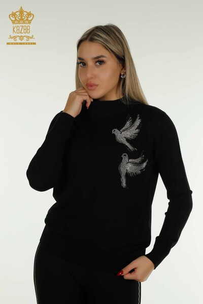 Pulover de tricotaj pentru femei cu ridicata - Brodat cu pasăre - Negru - 30745 | KAZEE - Thumbnail