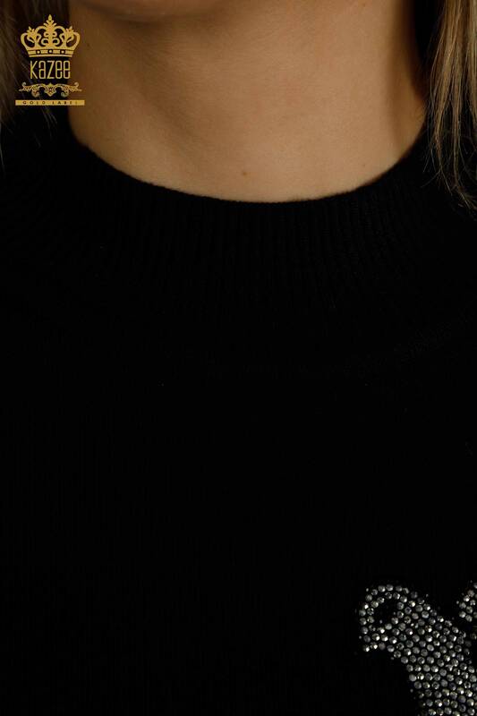 Pulover de tricotaj pentru femei cu ridicata - Brodat cu pasăre - Negru - 30745 | KAZEE