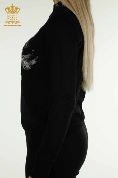 Pulover de tricotaj pentru femei cu ridicata - Brodat cu pasăre - Negru - 30745 | KAZEE - Thumbnail