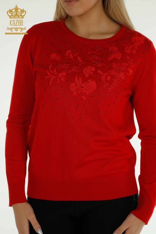 Pulover de tricotaj pentru femei cu ridicata - Brodat floral - Roșu - 16849 | KAZEE
