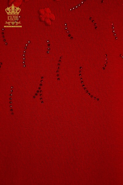 Pulover de tricotaj pentru femei cu ridicata - Brodat floral - Roșu - 16849 | KAZEE - Thumbnail