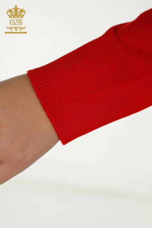 Pulover de tricotaj pentru femei cu ridicata - Brodat floral - Roșu - 16849 | KAZEE