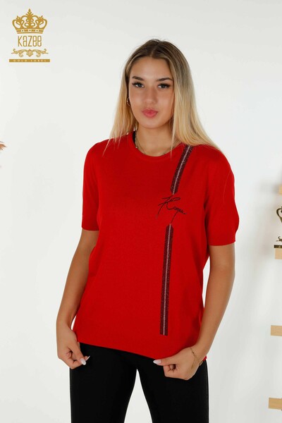 Tricotaj de damă cu ridicata Pulover roșu cu broderie de piatră - 30333 | KAZEE - Thumbnail