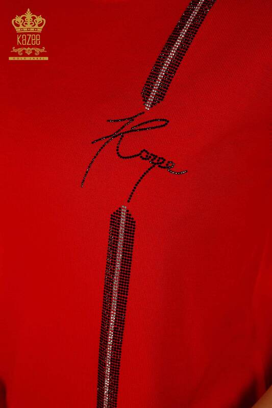 Tricotaj de damă cu ridicata Pulover roșu cu broderie de piatră - 30333 | KAZEE