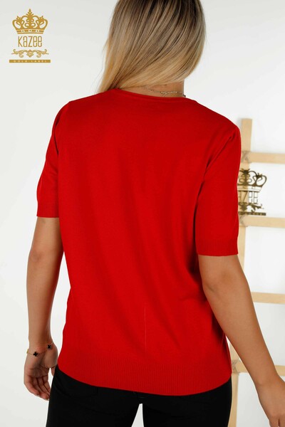Tricotaj de damă cu ridicata Pulover roșu cu broderie de piatră - 30333 | KAZEE - Thumbnail