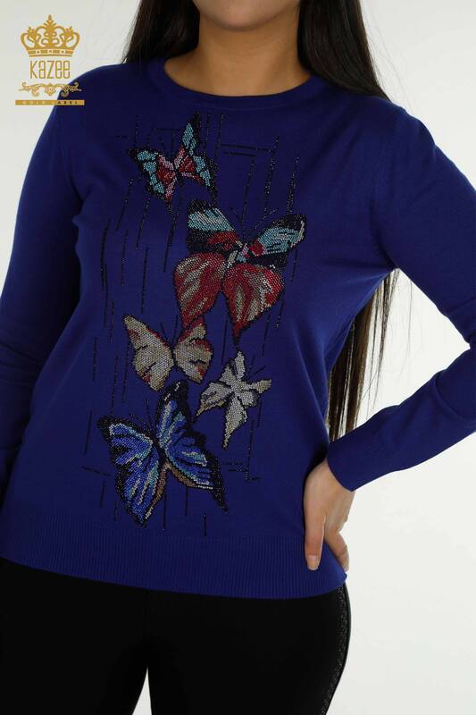 En-gros Tricotaj pentru femei Pulover Saks brodat fluture - 30215 | KAZEE