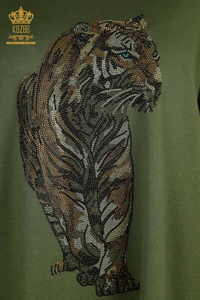 Pulover de tricotaje pentru femei cu ridicata - Tigru Model - Kaki - 30746 | KAZEE - Thumbnail (2)