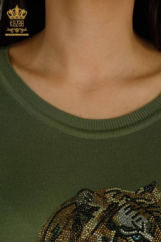 Pulover de tricotaje pentru femei cu ridicata - Tigru Model - Kaki - 30746 | KAZEE