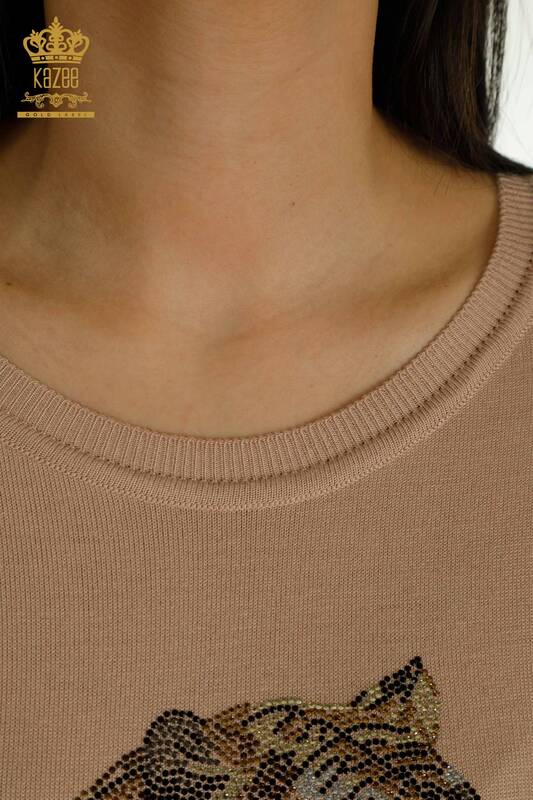 Pulover de tricotaje pentru femei cu ridicata - Tigru Model - Pudra - 30746 | KAZEE