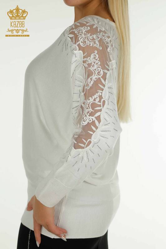 Pulover de tricotaj pentru femei cu ridicata - Tulle Detaliat - Ecru - 15699 | KAZEE