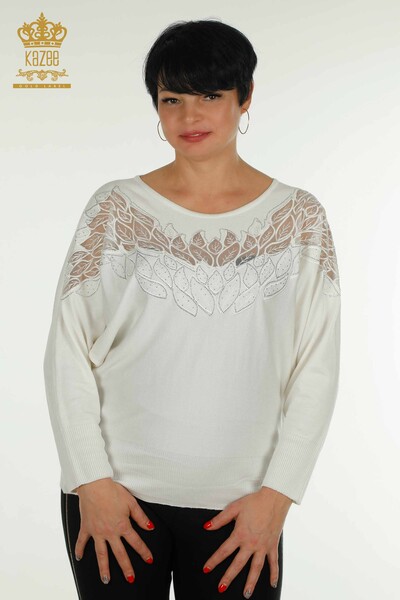 Pulover de tricotaj pentru femei cu ridicata - Tulle Detaliat - Ecru - 16942 | KAZEE - Thumbnail