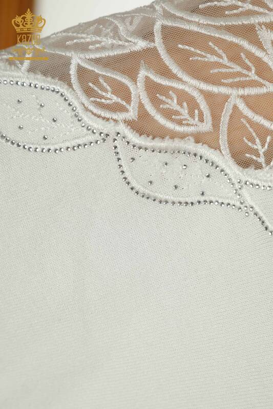 Pulover de tricotaj pentru femei cu ridicata - Tulle Detaliat - Ecru - 16942 | KAZEE
