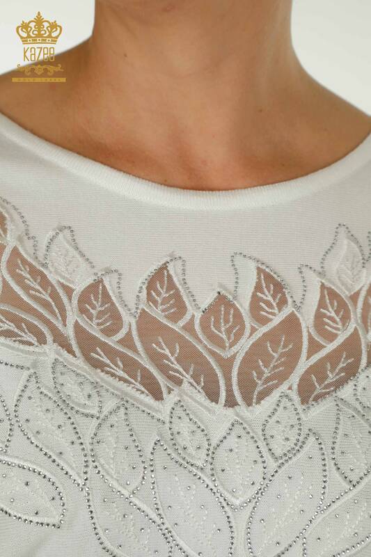 Pulover de tricotaj pentru femei cu ridicata - Tulle Detaliat - Ecru - 16942 | KAZEE