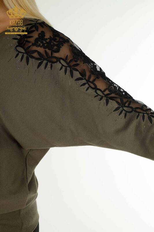 Pulover de tricot pentru femei cu ridicata - Tulle Detaliat - Kaki - 15699 | KAZEE