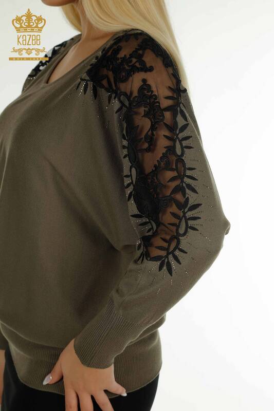 Pulover de tricot pentru femei cu ridicata - Tulle Detaliat - Kaki - 15699 | KAZEE