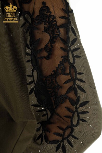 Pulover de tricot pentru femei cu ridicata - Tulle Detaliat - Kaki - 15699 | KAZEE - Thumbnail