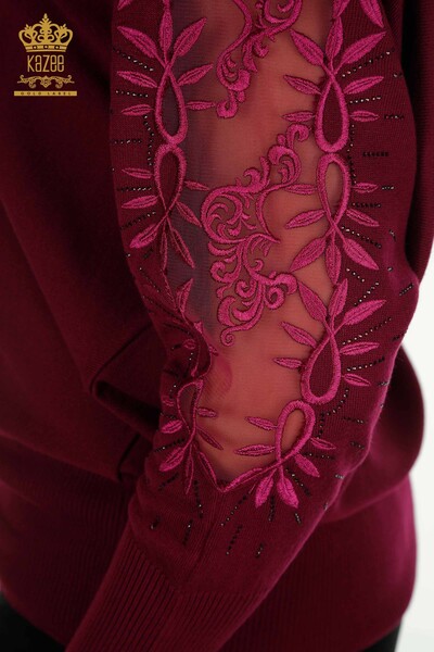 Pulover de tricot pentru femei cu ridicata - Tulle Detaliat - Liliac - 15699 | KAZEE - Thumbnail