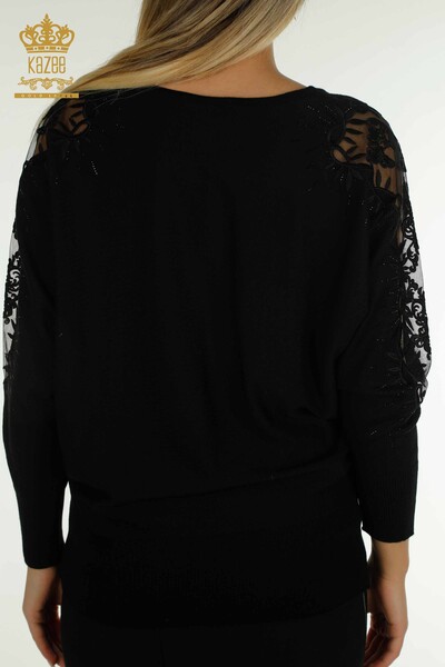 Pulover de tricotaj pentru femei cu ridicata - Tulle Detaliat - Negru - 15699 | KAZEE - Thumbnail