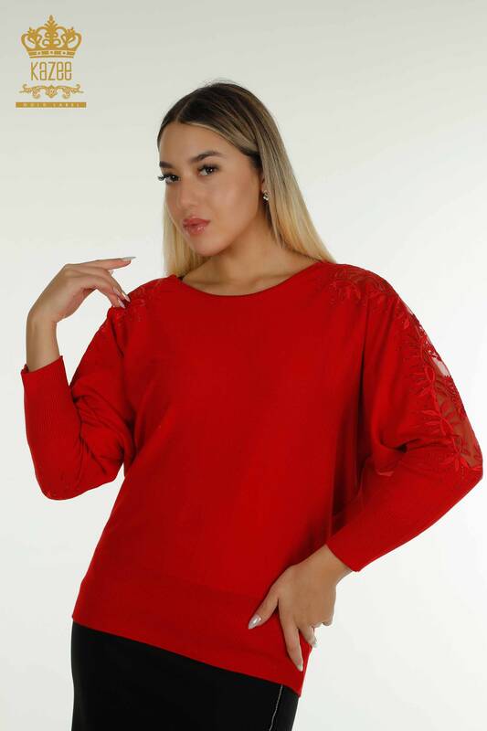 Pulover de tricot pentru femei cu ridicata - Tulle Detaliat - Roşu - 15699 | KAZEE