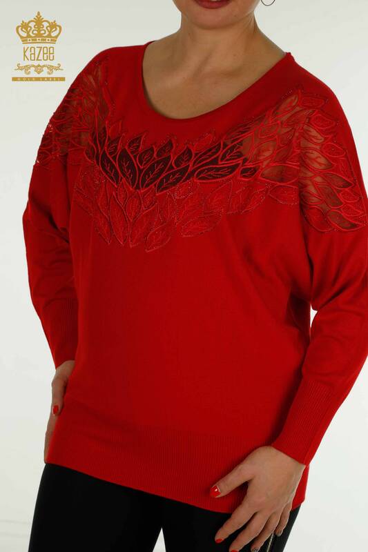 Pulover de tricotaj pentru femei cu ridicata - Tulle Detaliat - Roșu - 16942 | KAZEE