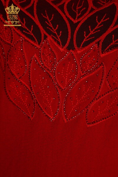 Pulover de tricotaj pentru femei cu ridicata - Tulle Detaliat - Roșu - 16942 | KAZEE - Thumbnail